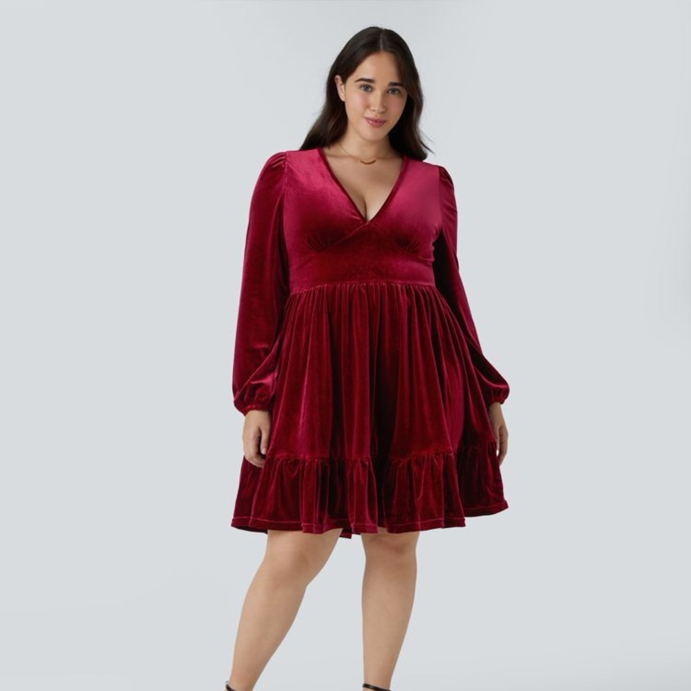 Everyday Deep V Neck Long Sleeve Ruffled Hem Velvet Plus Size Mini Chill Dress